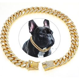 Dog Chain Crystal Artificial Diamondoid Dog Collar Walking Metal Chain Collar With Secure Buckle - Golden - S