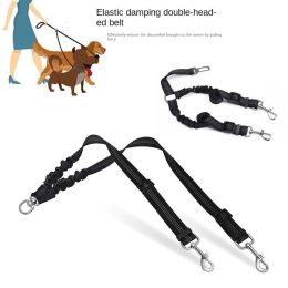 Dog Double Leashes - No Tangle Dog Leash Coupler; Comfortable Shock Absorbing Reflective Bungee Lead for Nighttime Safety - black