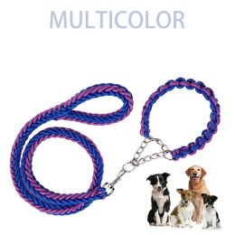 Eight-strand nylon braided dog collar leash dog chain impact blasting chain pet leash - blue - L