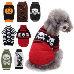 Pet Dog Halloween Costume Pumpkin Skull Death Pattern Pet Knit Sweater - White and black skullXS