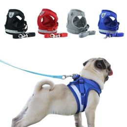 Summer Strap-style Dog Leash Adjustable Reflective Vest Walking Lead for Puppy Polyester Mesh Harness Small Dog Collars - blue - L