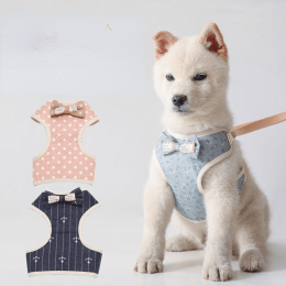 Pet leash Bowknot pet chest strap vest cat dog leash - Light blue flowers - L