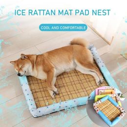 Breathable Pet Puppy Cooling Mat Bed Summer Protection Cervical Spine Cat Dog Ice Mat Square Rattan Kennel Supplies - orange - 40cm*30cm*7cm