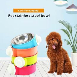 Pet Stainless Steel Bowl Hanging Cage Type Fixed Cute Dog Basin Cat Supplies Puppy Food Drinking Water Feeder Pets Accessories - pink - 17cm