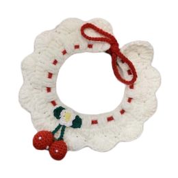 White Pet Handmade Knitted Collar Crochet Cherry Cat Necklace Cute Dog Collar Bib - Default