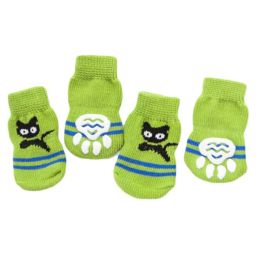 4 Pcs Green Cats Knitted Dogs Socks Cat Socks Cute Pet Socks Dog Paw Protection for Puppy Indoor Wear - Default