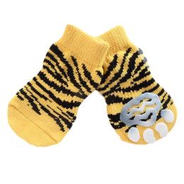 4 Pcs Cute Puppy Cat Socks Knitted Pet Socks Dog Paw Protection Poodle Teddy Socks, Yellow Tiger Stripes - Default