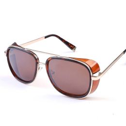 Iron Fashion Man 3 IRON TONY Windscreen Sunglasses for Men and Women Double beam Sunglasses Retro Personality Glasses - Tea leopard shaped frame tea s