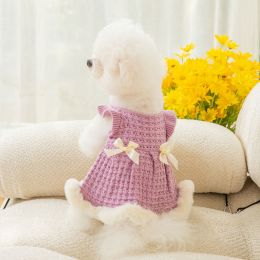 Warm and thickened dog clothes in autumn and winter; bow sweater skirt; dog sweater - Purple skirt - L (recommended weight 5-7 kg)