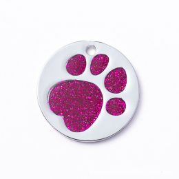 Personalized Dog Tags; Engraved Footprints Cat Tags; Anti-lost Round Pet ID Tags For Dogs & Cats - Burgundy - one-size