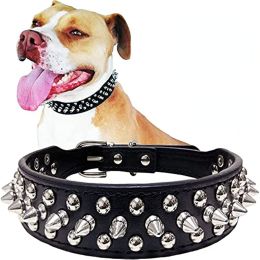 Adjustable Microfiber Leather Spiked Studded Dog Collar with a Squeak Ball Gift for Small Medium Large Pets Like Cats/Pit Bull/Bulldog/Pugs/Husky - RE