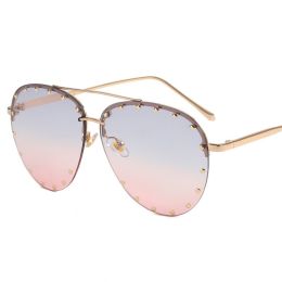 Frameless Sunglasses Cross border Punk Personality Rivets Sunglasses Fashion Toad Sunglasses - Gold framed blue pink slice