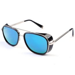 Iron Fashion Man 3 IRON TONY Windscreen Sunglasses for Men and Women Double beam Sunglasses Retro Personality Glasses - Black framed blue color chip