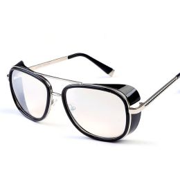 Iron Fashion Man 3 IRON TONY Windscreen Sunglasses for Men and Women Double beam Sunglasses Retro Personality Glasses - White mercury tablet with blac