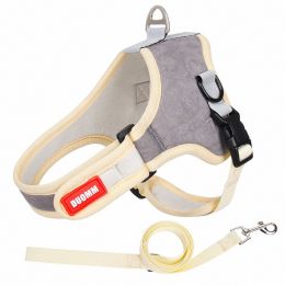 dog Harnesses and dog leash set; Suede Pet Chest Strap Saddle Vest Style Dog Chest Back Reflective Dog Strap Dog Rope Wholesale - grey - S