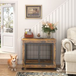 Furniture Style Dog Crate Side Table on Wheels with Double Doors and Lift Top. - Rustic Brown