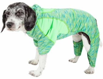 Pet Life Active 'Downward Dog' Heathered Performance 4-Way Stretch Two-Toned Full Body Warm Up Hoodie - Green - X-Small