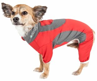 Pet Life Active 'Warm-Pup' Heathered Performance 4-Way Stretch Two-Toned Full Body Warm Up - Red - Small