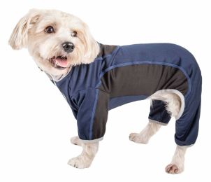 Pet Life Active 'Warm-Pup' Heathered Performance 4-Way Stretch Two-Toned Full Body Warm Up - Navy - X-Small