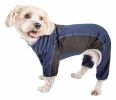 Pet Life Active 'Warm-Pup' Heathered Performance 4-Way Stretch Two-Toned Full Body Warm Up - Navy - Small