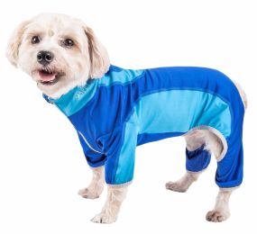 Pet Life Active 'Warm-Pup' Heathered Performance 4-Way Stretch Two-Toned Full Body Warm Up - Blue - X-Small