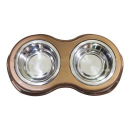 Plastic Framed Double Diner Pet Bowl in Stainless Steel; Small; Gold and Silver - as Pic