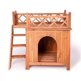 Pet Dog House;  2-Story Weather Resistant Wooden Kennel with Roof Balcony and Stairs - KM3459