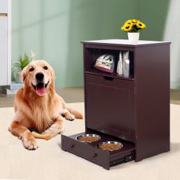 Pet Feeder Station with Storage; Made of MDF and Waterproof Painted; Dog and Cat Feeder Cabinet with Stainless Bowl - as Pic