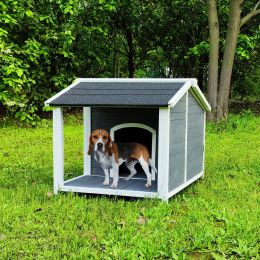 Large Outdoor Wooden Dog House;  Waterproof Dog Cage;  Windproof and Warm Dog Kennel with Porch Deck - Natural