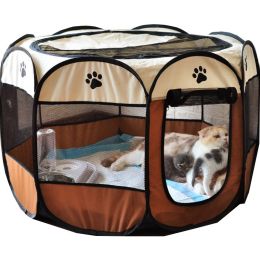 Folding Dog House Octagonal Cage Pet Cage Portable Pet Tent Large Dogs House - Brown - M 91x91x58 cm