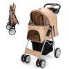 Foldable 4-Wheel Pet Stroller with Storage Basket - Beige