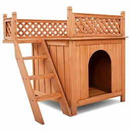 New Style Wood Pet Dog House With Roof Balcony And Bed Shelter - brown - Pets