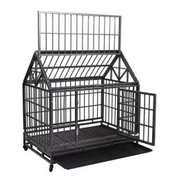 Heavy-Duty Metal Dog Kennel, Pet Cage Crate with Openable Pointed Top and Front Door, 4 Wheels, 42.5"L x 28.3"W x 44"H - black