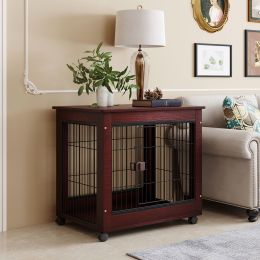 31' Length Furniture Style Pet Dog Crate Cage End Table with Wooden Structure and Iron Wire and Lockable Caters;  Medium Dog House Indoor Use. - Brown