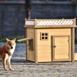 39.4' Wooden Dog House Puppy Shelter Kennel Outdoor & Indoor Dog crate, with Flower Stand, Plant Stand, With Wood Feeder - Natural