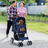 Simple Desight Foldable 4-Wheel Pet Stroller With Storage Basket - navy - Pets