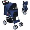 Simple Desight Foldable 4-Wheel Pet Stroller With Storage Basket - navy - Pets