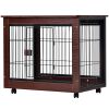 31' Length Furniture Style Pet Dog Crate Cage End Table with Wooden Structure and Iron Wire and Lockable Caters;  Medium Dog House Indoor Use. - Brown