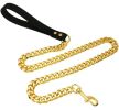 Plated Golden Dogs Leash with Collar Suit Cuban Link Chain Stainless Steel Pet Dog Safety Leash with PU Leather Handle for Dog Lead - Golded