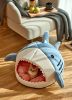 Washable Shark Cat House Cute Pet Sleeping Bed Warm Soft Cat Nest Kennel Kitten Cave  - Blue - L 53x50x36 cm