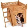 New Style Wood Pet Dog House With Roof Balcony And Bed Shelter - brown - Pets