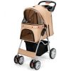 Foldable 4-Wheel Pet Stroller with Storage Basket - Beige